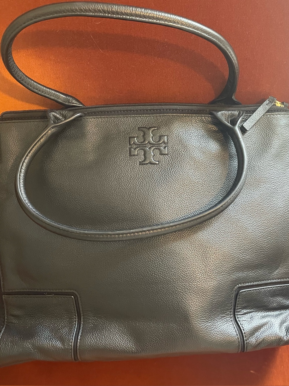 Tory Burch Black Leather Double-Handle Tote with Logo Medallion